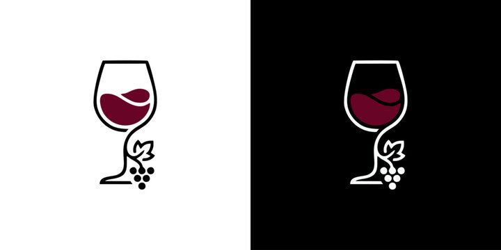 Minimalist wine glass logo design with grapes and red wine on black and white background for winery branding