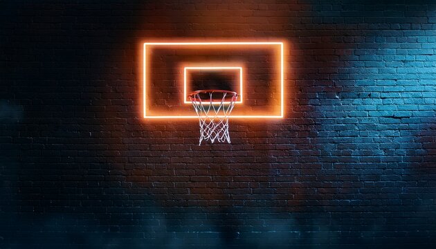 neon basketball hoop on brick wall glowing orange basketball in dark urban court cinematic sports background with smoke and reflections