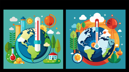 Naklejka premium Global Warming Climate Change Concept Earth Thermometer Flat Vector Set 
