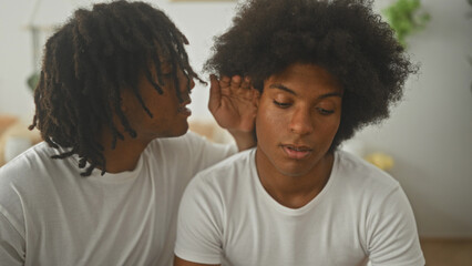 Fototapeta premium Two men on a bed, one whispering into the other's ear while the listener covers his mouth with his hand in a building bedroom setting; quiet intimacy.