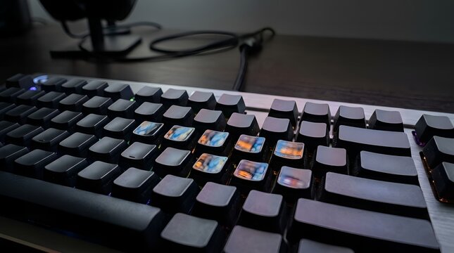 Close-up of a mechanical keyboard with custom keycaps featuring vibrant, colorful artwork, highlighting the detail and artistry of the individual keys.