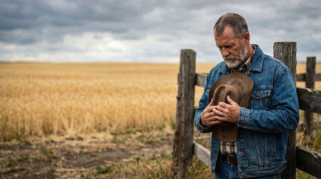 Cowboy praying in a rural wheat field. Mature man holding his hat while standing by a fence. Concept of faith, gratitude, humility and connection to nature in agricultural landscape.