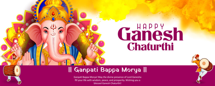 Happy Ganesh Chaturthi Festival Banner with Lord Ganesha and Colorful Indian Cultural Elements