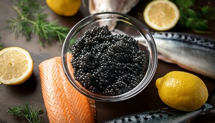 Obraz premium luxury black sturgeon caviar in elegant glass bowl with fresh fish rustic gourmet seafood composition premium delicacy advertising food photography