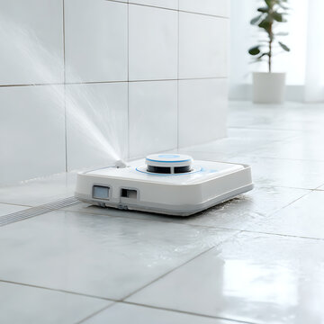 Autonomous white robotic floor cleaner spraying water against a tiled wall