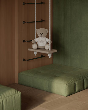 Cozy children&rsquo;s bedroom with a green upholstered bunk bed, wooden wall panels, teddy bear decoration and warm minimalist interior design.