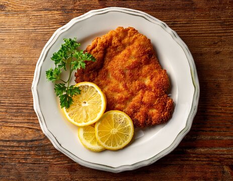 golden crispy wiener schnitzel served on a white plate with lemon wedges and parsley garnish arranged on a wooden table background