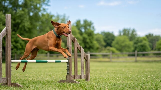 Vizsla dog leaping over a hurdle outdoors. Active canine jumping during agility training on a grassy field