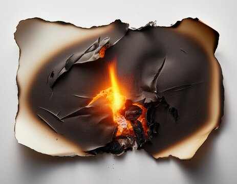 a partially burned sheet of paper with charred edges and a glowing ember on a white background