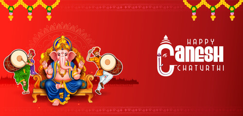Fototapeta na wymiar Happy Ganesh Chaturthi Festival Banner with Lord Ganesha and Colorful Indian Cultural Elements