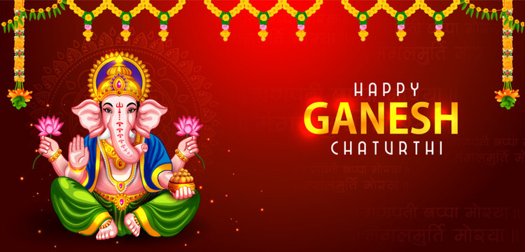 Happy Ganesh Chaturthi Festival Banner with Lord Ganesha and Colorful Indian Cultural Elements
