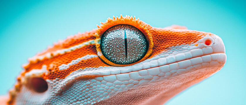 Extreme macro of an orange and white gecko's head, highlighting its unique textured eye, sharp scales, and vibrant turquoise background