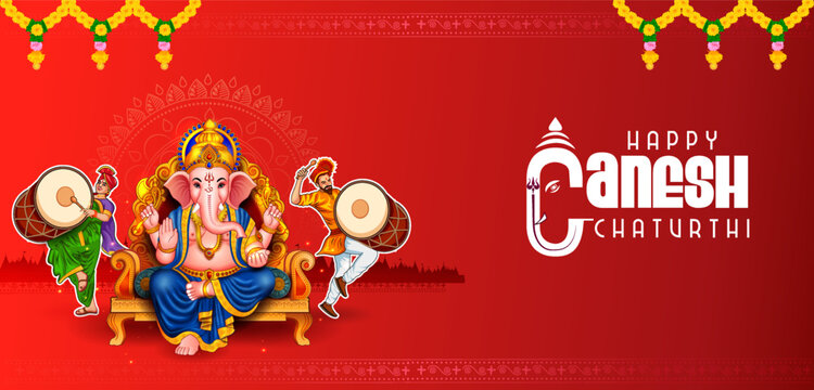 Happy Ganesh Chaturthi Festival Banner with Lord Ganesha and Colorful Indian Cultural Elements