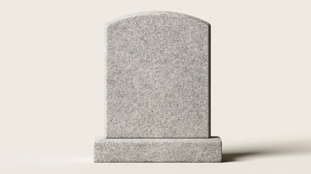 Photorealistic isolated Scandinavian-inspired light gray granite cemetery headstone with a broad gently rounded top, blank polished face and simple rectangular pedestal base, centered on a warm off-wh