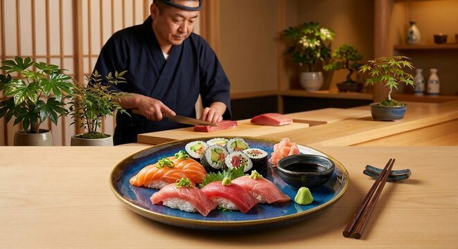Premium Japanese sushi platter with a sushi master chef preparing fish in the background