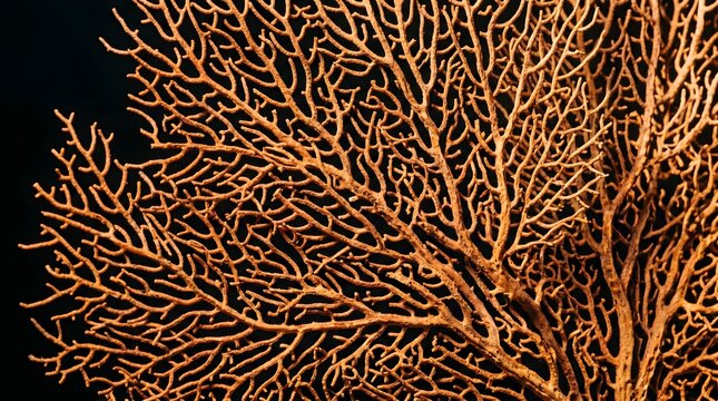 Intricate sea fan coral texture, orange gorgonian coral branches on black background, marine life underwater macro photography