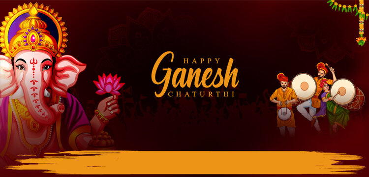 Happy Ganesh Chaturthi Festival Banner with Lord Ganesha and Colorful Indian Cultural Elements