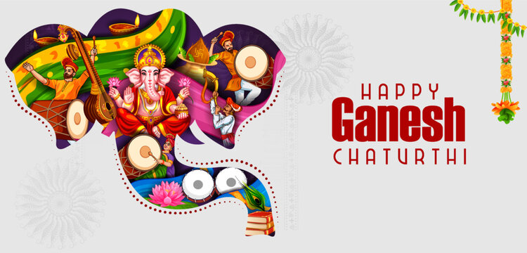 Happy Ganesh Chaturthi Festival Banner with Lord Ganesha and Colorful Indian Cultural Elements