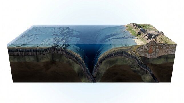 Cross Section Illustration of Oceanic Trench Subduction Zone and Tectonic Plate Movement Below Earth Surface