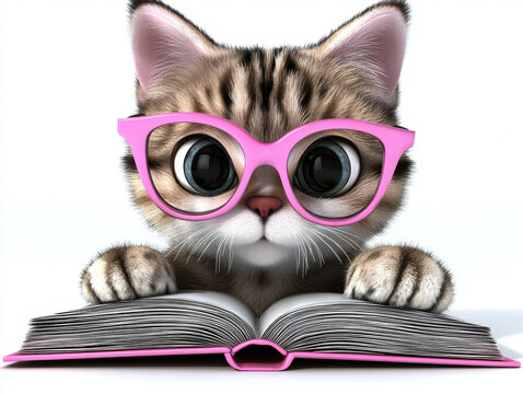 Fluffy tabby kitten with big eyes wearing pink glasses, peeking over an open book with a pink cover against a white background