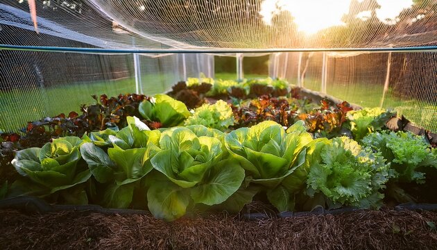 raised vegetable garden bed with lettuce under protective mesh cover for organic gardening background and sustainable produce banner