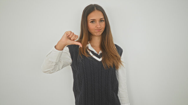 Woman giving thumbs down gesture showing thumb and hand in a studio with white wall wearing navy sweater vest; disapproval critique.