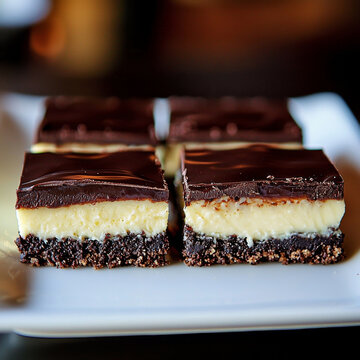 Four square layered chocolate dessert bars featuring a dark crumbly base, creamy filling, and glossy chocolate top