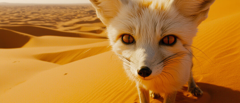 Front-facing close-up of a fennec fox with cream fur and glowing amber eyes, set against sun-drenched golden desert dunes
