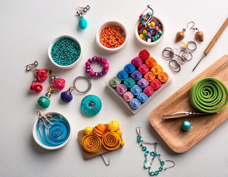 polymer clay jewelry making colorful earrings and crafting supplies on white surface