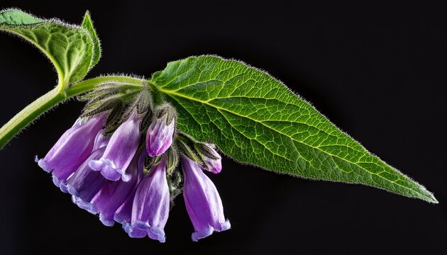 purple bell shaped comfrey flowers with green leaves isolated on black background bloom blossom isolated white background