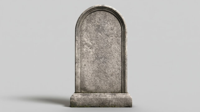 Blank weathered stone cemetery headstone with rounded arch isolated on a light gray background