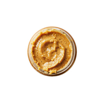 Nut butter miso paste in glass jar with wooden lid isolated on a transparent background for culinary design