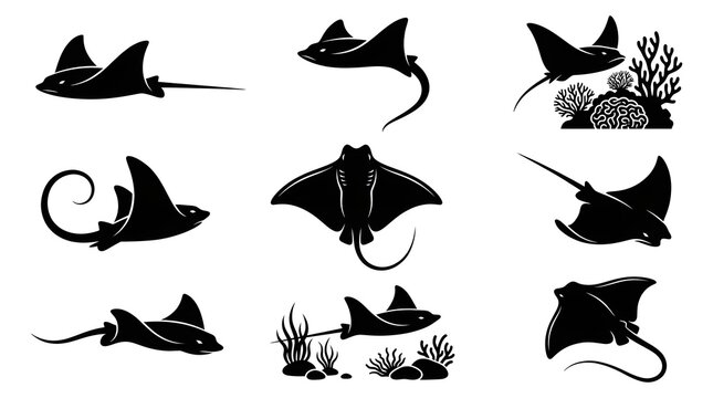 Collection of stingray animal silhouette icons isolated on white background