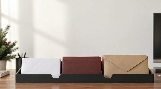 Christmas greeting cards in organizer on office desk