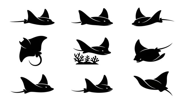 Set of black manta ray silhouette icons isolated on white background