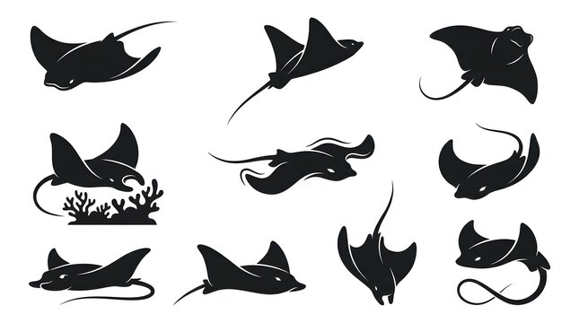 Set of black manta ray silhouettes isolated on white background