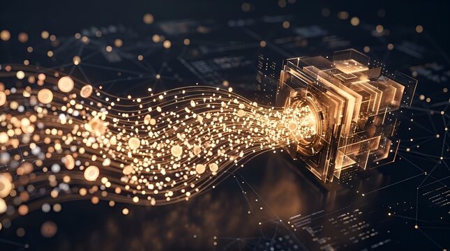 Abstract visualization of data flowing into a complex, glowing cube, representing digital information processing and technological advancement.