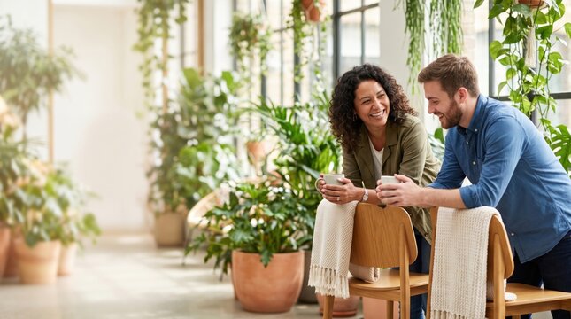 Colleagues sharing ideas over coffee in bright indoor garden, smiling coworkers discussing work together beside lush plants and large windows, creating relaxed creative workplace mood