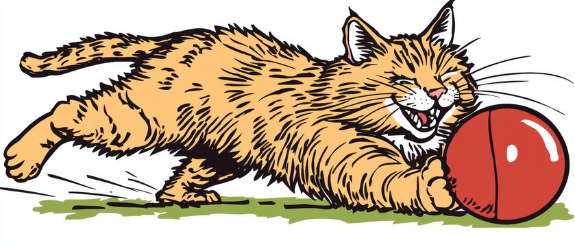 Happy orange cartoon cat with stripes pouncing on a red ball, smiling playfully on a patch of green grass