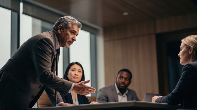 Business consultant leading team discussion in modern office, diverse colleagues listening with focused expressions and collaboration