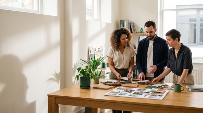 Interior designer design team material sample creative studio collaboration interior design designer team material sample creative studio collaboration woman man adult colleague meeting discussion