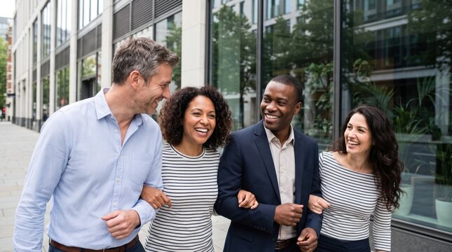 Four adults walking outdoors beside modern office building, sharing laughter and conversation during relaxed urban commute