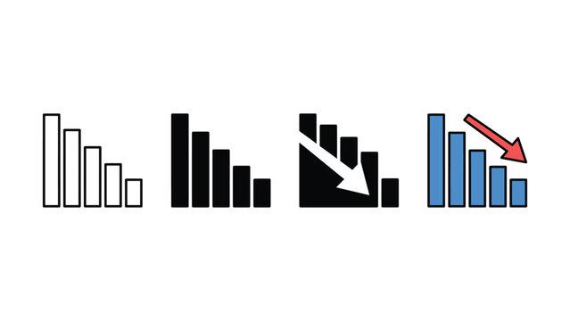 Set of four decreasing bar chart icons illustrating downward financial performance and economic loss