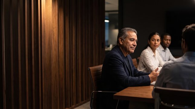 Senior consultant sharing final presentation with diverse colleagues during focused business meeting in modern wood paneled office, creating collaborative professional energy
