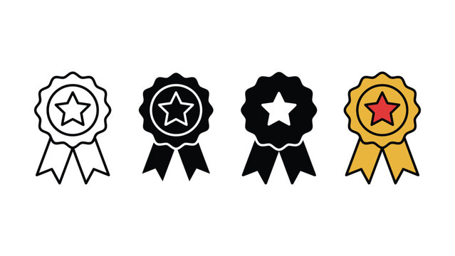Set of four flat ribbon award badge icons with stars on white background