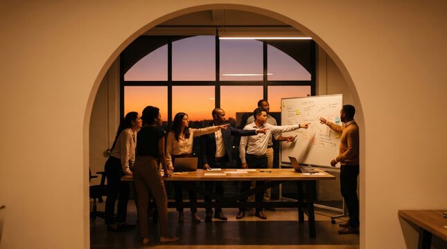 Team brainstorming at desk during sunset with diverse colleagues discussing ideas beside whiteboard in warm office meeting room