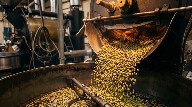 Industrial coffee roaster machine, green coffee beans pouring into cooling tray, professional roasting equipment in factory