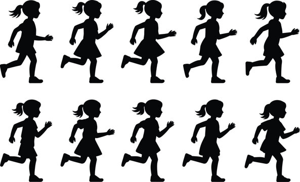 Girl silhouette running sequence in black graphic style