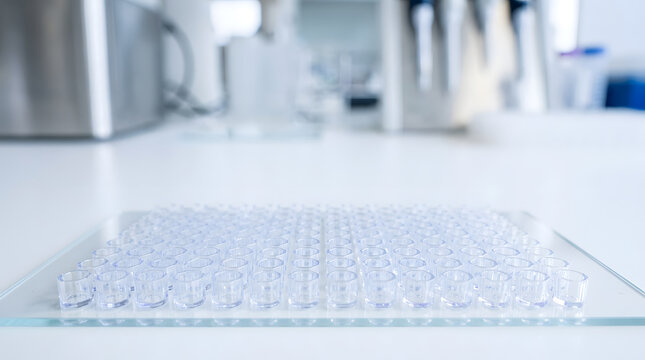 Microplate in Laboratory: A sterile microplate filled with clear liquid sits ready for analysis in a brightly lit laboratory, hinting at scientific discovery and research.