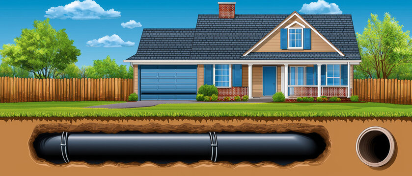 Illustration of a suburban house, green lawn, fence, and trees, with a cross-section showing an underground pipe